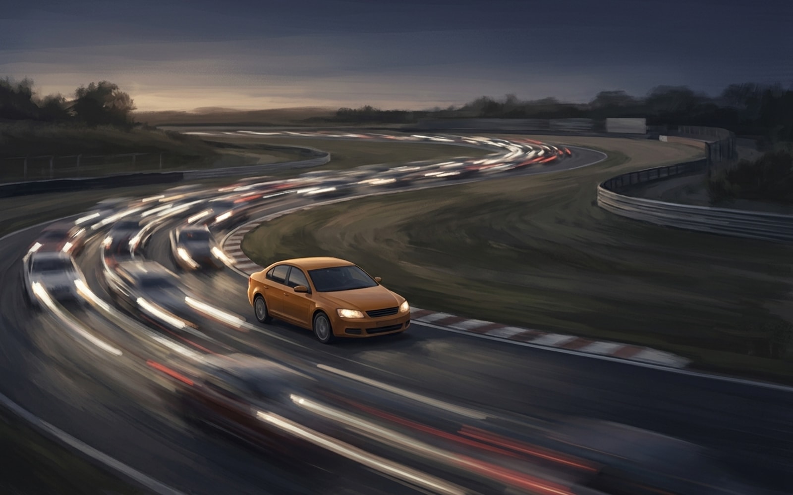 An amber car, sharp and unhurried, leads a blur of streaking headlights around a winding racetrack curve at dusk.