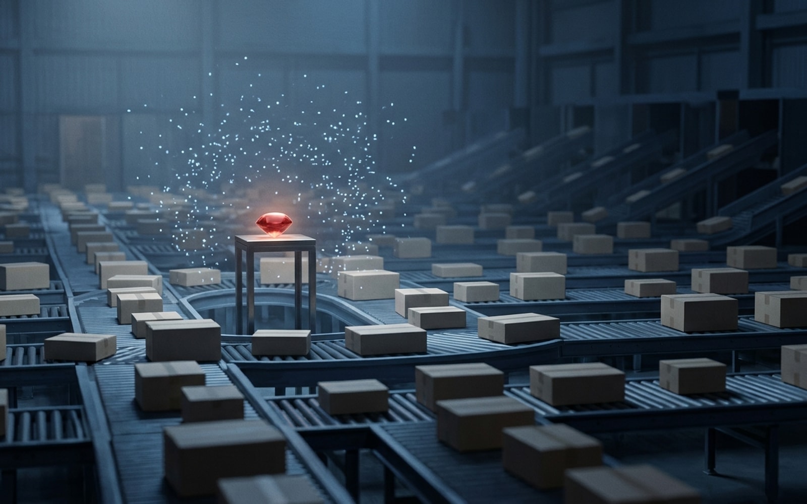 A glowing red gem on a pedestal in a dim blue sorting hall, ringed by a swarm of light motes and conveyors of plain boxes.