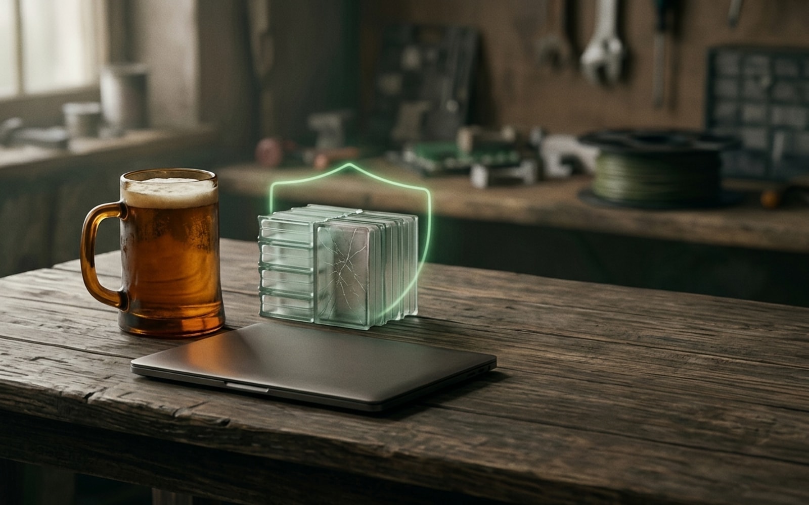 An amber beer mug, a closed laptop and a row of glass bricks, one cracked, under a green shield glow on a workbench.