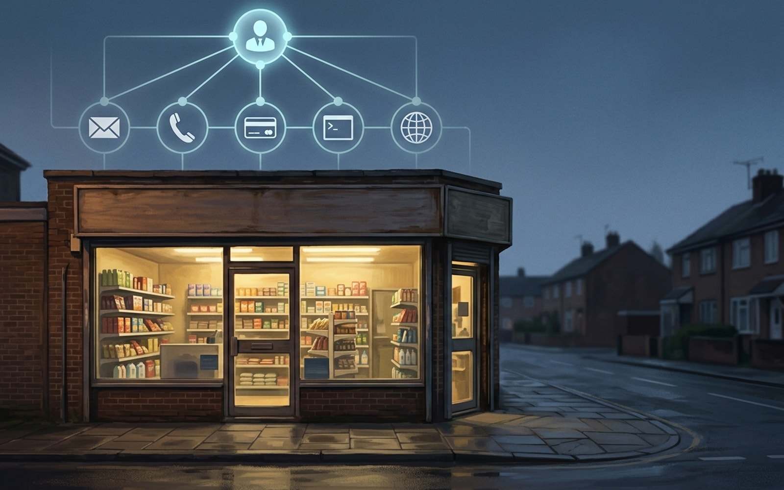 Empty lit corner shop at dusk beneath a glowing schematic of one supervisor node wired to email, phone, card, terminal and globe icons.