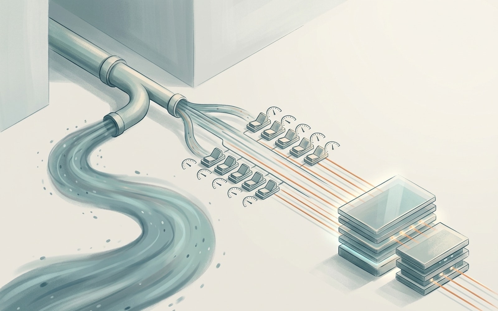 Isometric pipe forking into a slow winding stream and rows of toggle switches with gauges wired to glass slabs.