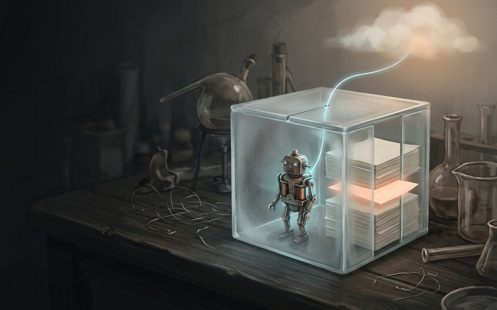 A tiny copper robot inside a glass cube on a dark lab bench; a glowing thread escapes the lid toward a lit cloud.