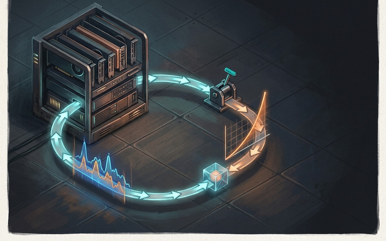 Isometric painting of a glowing arrow loop linking a server rack, a waveform trace, a crystal cube, a rising curve and a lever.