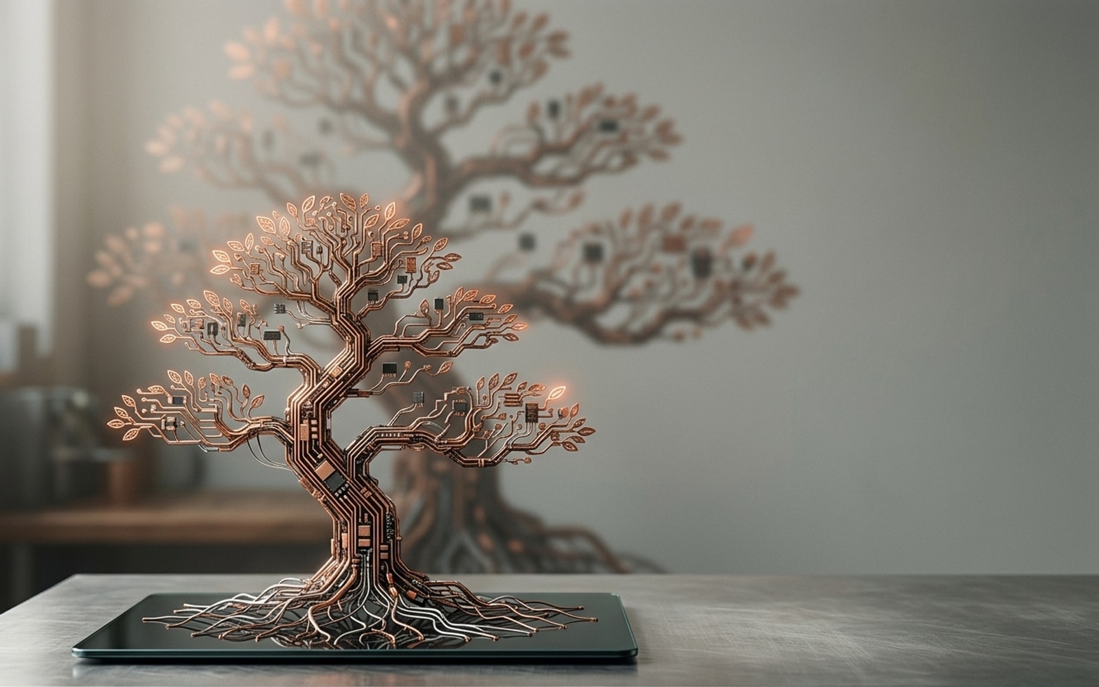A small bonsai of copper circuit traces with wire roots on a thin glass slab, a larger blurred tree behind it.