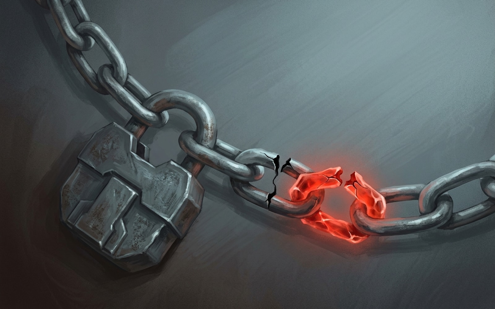 A padlocked metal chain with one link cracked open and glowing red, symbolizing a bypassed security pin.