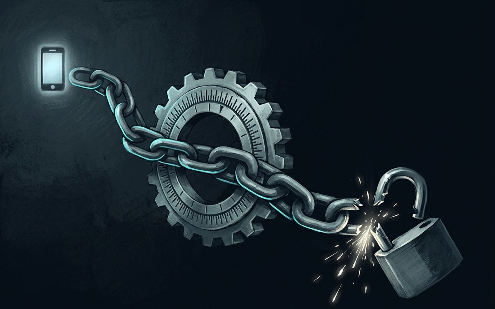 Illustration of a metal chain running from a glowing smartphone icon through a gear-shaped decoder into a padlock snapped open with sparks.