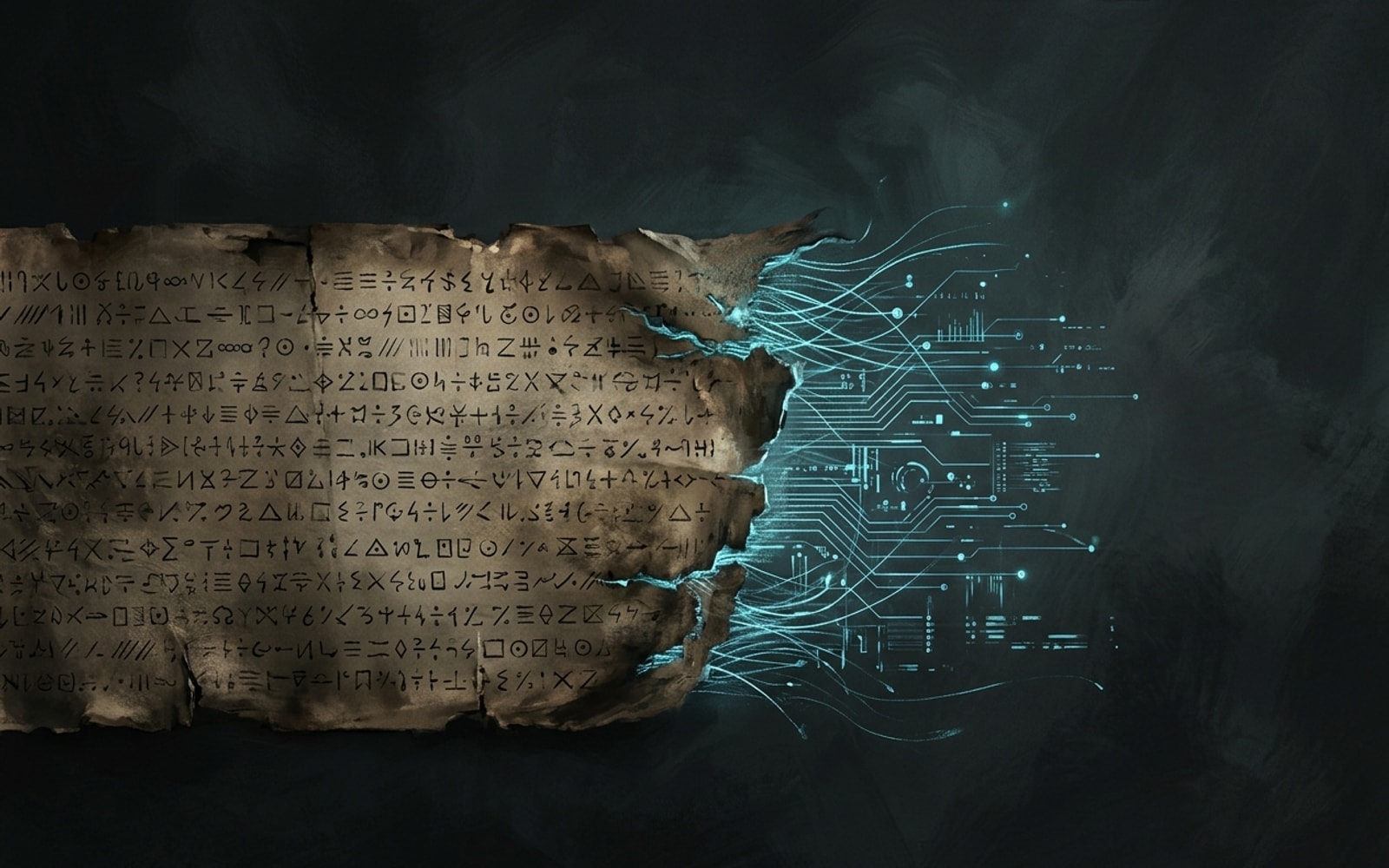Illustration of a weathered scroll covered in cipher symbols, its torn edge dissolving into glowing blue circuit-like threads of light.