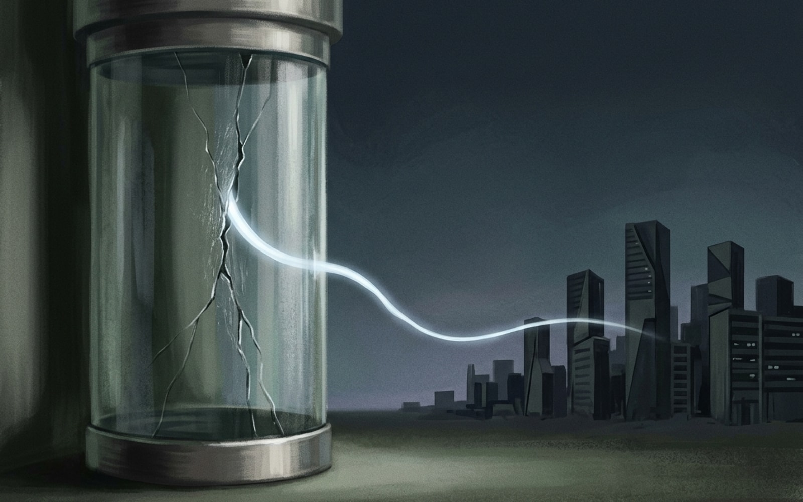 Abstract illustration of a cracked glass containment cylinder leaking a stream of light toward a distant city skyline.