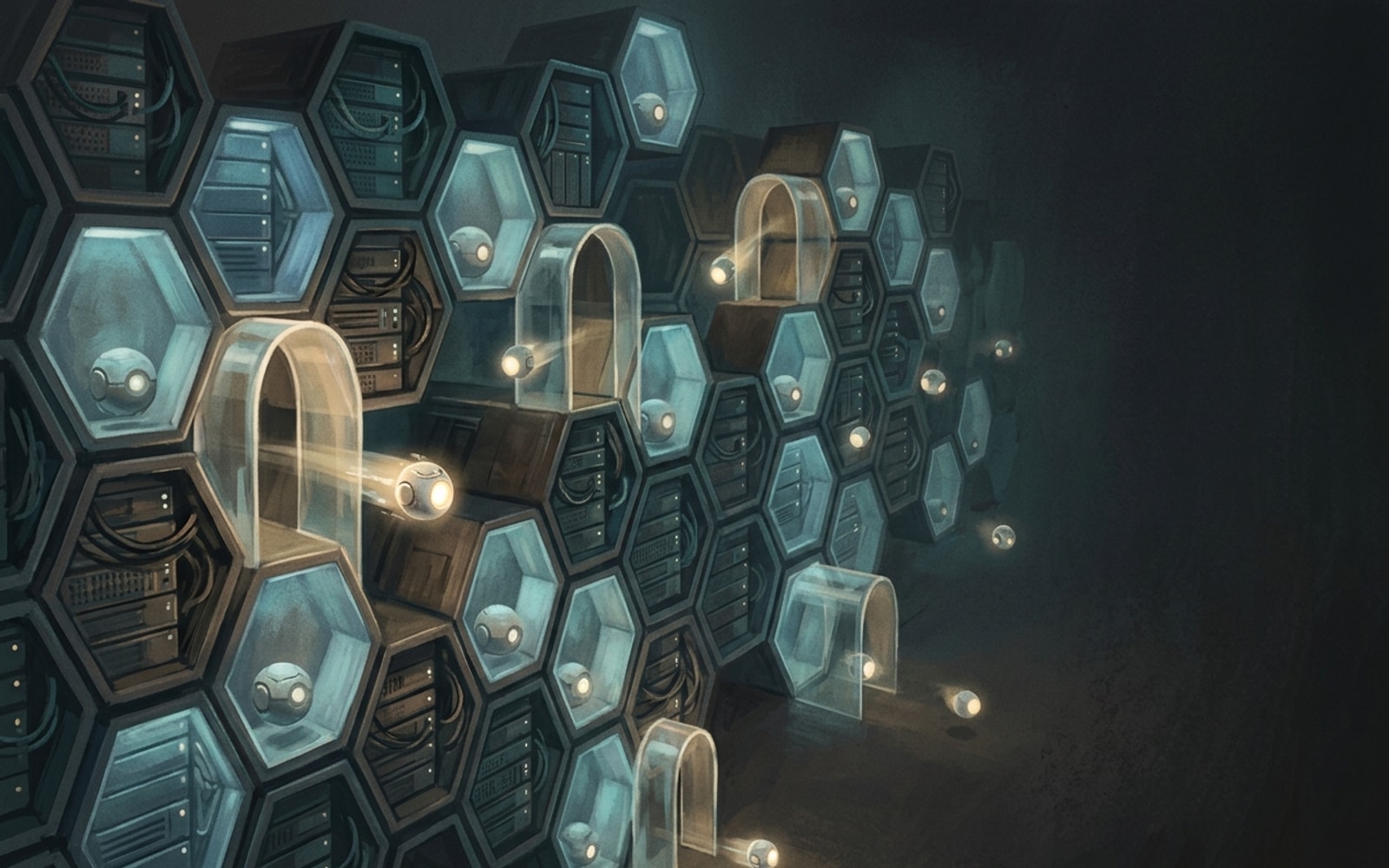 Illustration of glowing orb-like agents moving through a honeycomb lattice of server cells connected by translucent archway gateways.