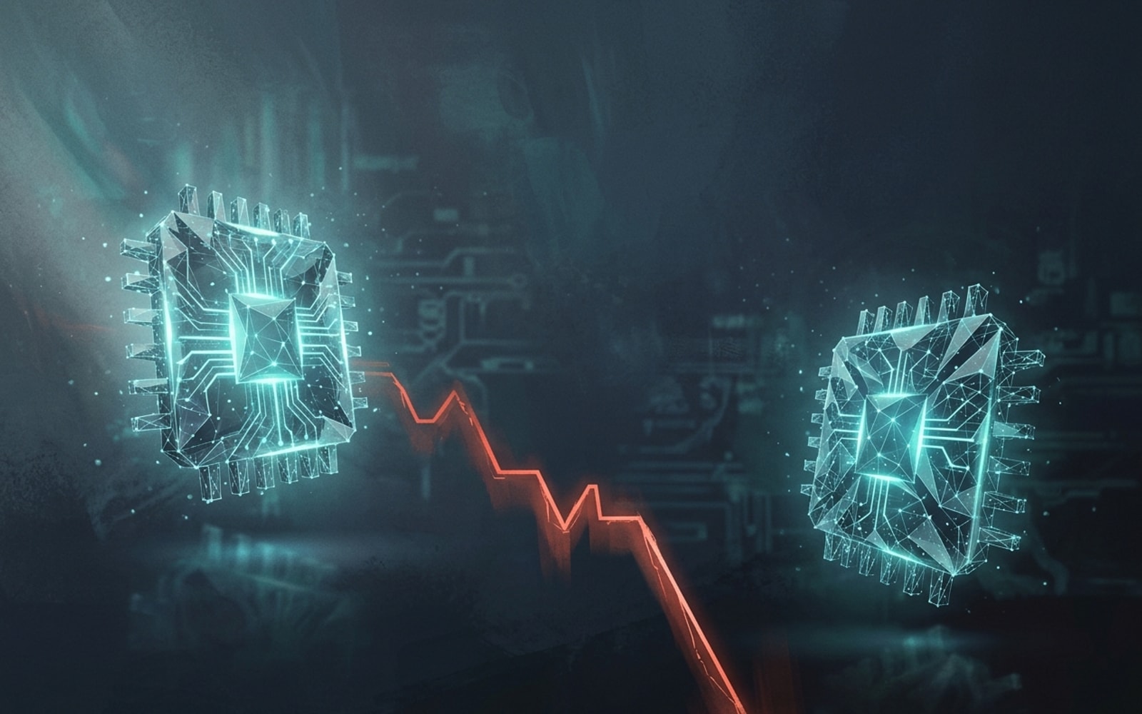 Two glowing abstract chip icons face off across a jagged red downward price line, evoking a same-day AI pricing race.