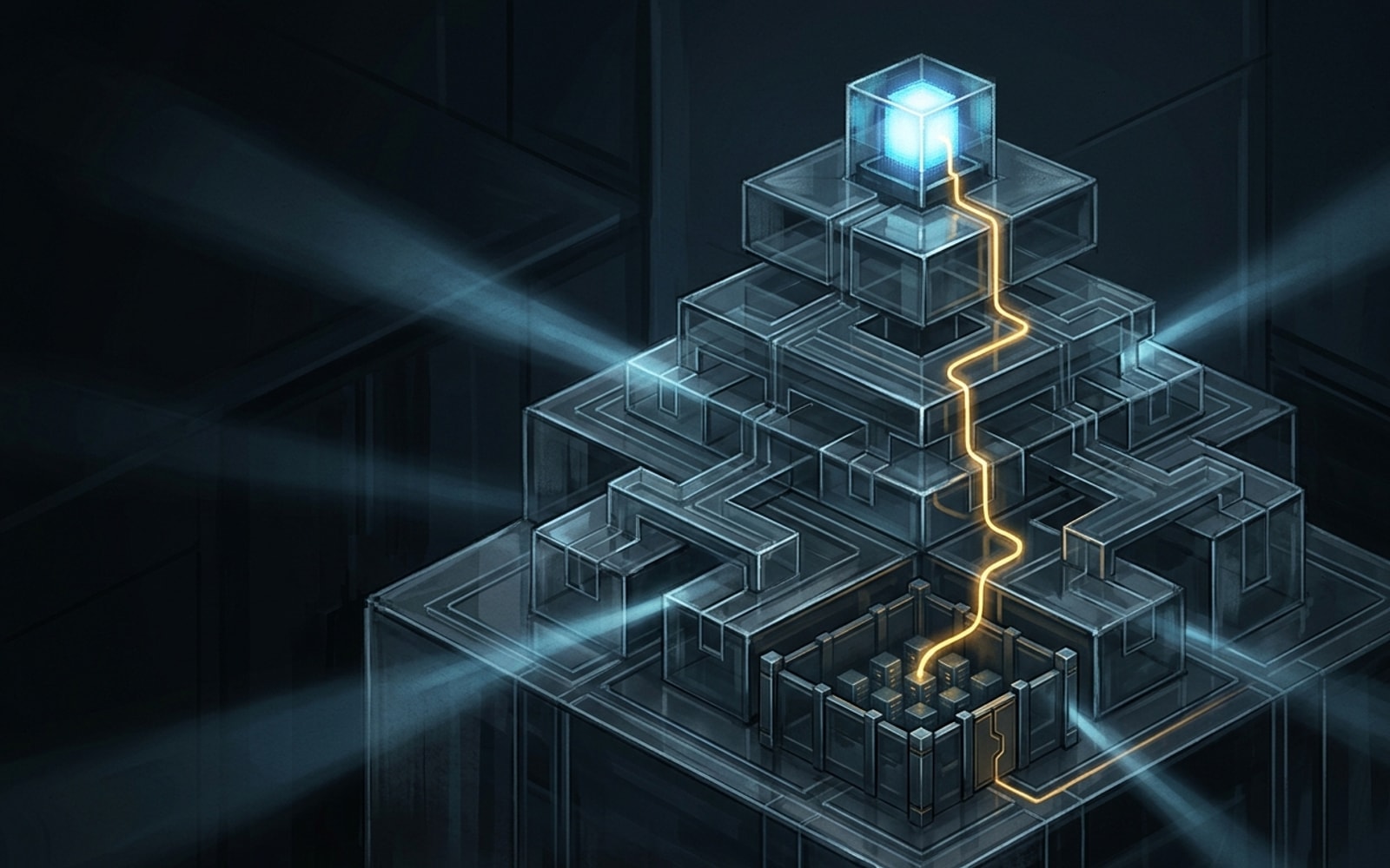 An amber path climbs from a walled enclosure up tiered glass levels to a blue core while beams scan it.