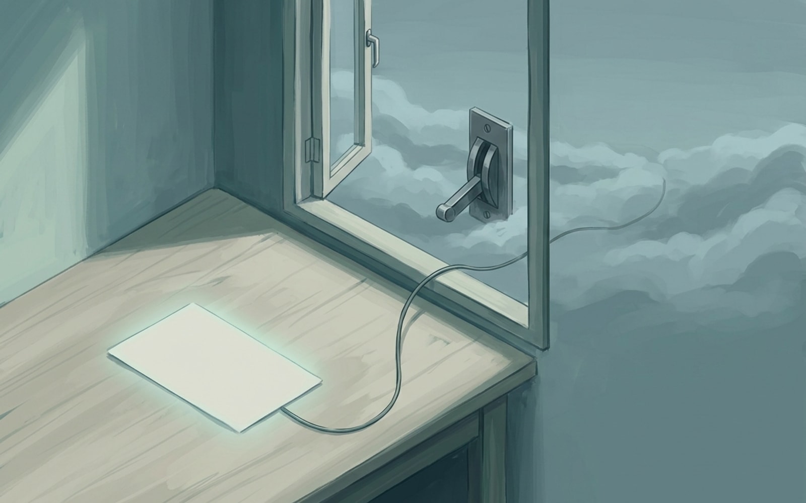 A faintly glowing blank card on a desk, cabled out an open window to a lever switch in the clouds, lever pulled down.