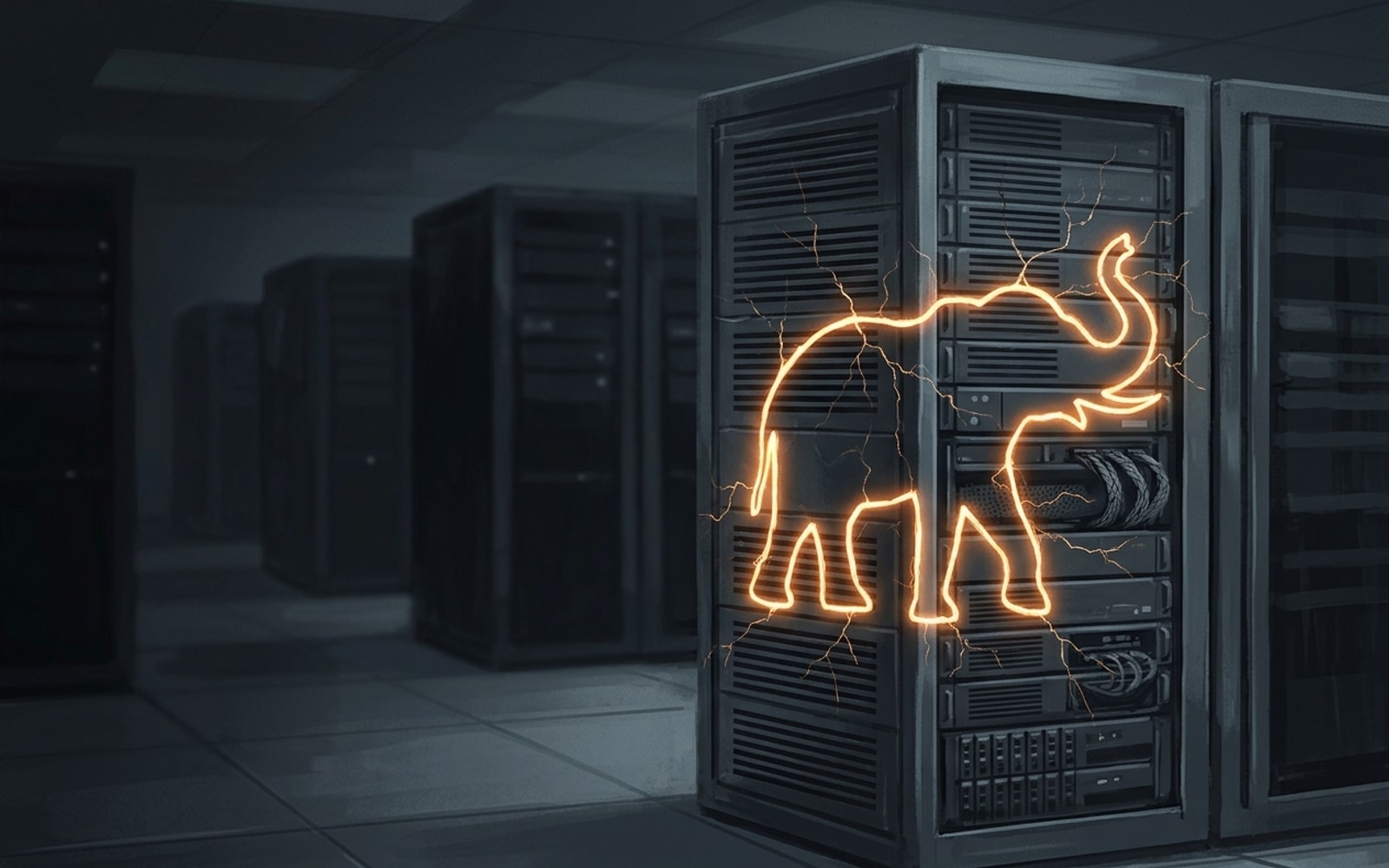 A dark server rack in a dim data centre, its face cracked by glowing orange lines in the outline of an elephant