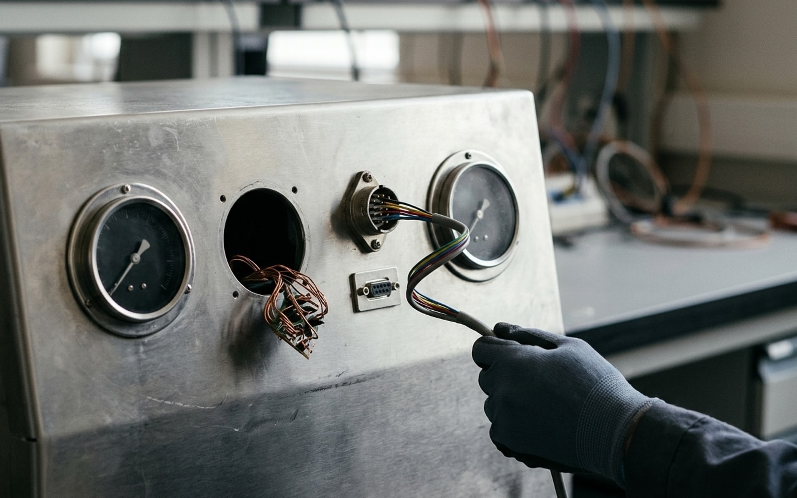 A steel control panel with one gauge removed, copper wires spilling from the hole, as a gloved hand reroutes a cable.