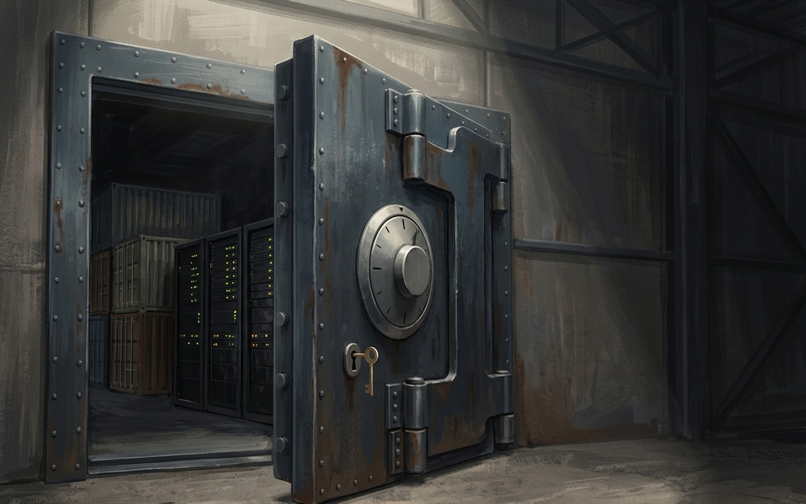 A rusted steel vault door stands open with a small brass key in its lock, revealing server racks and shipping containers