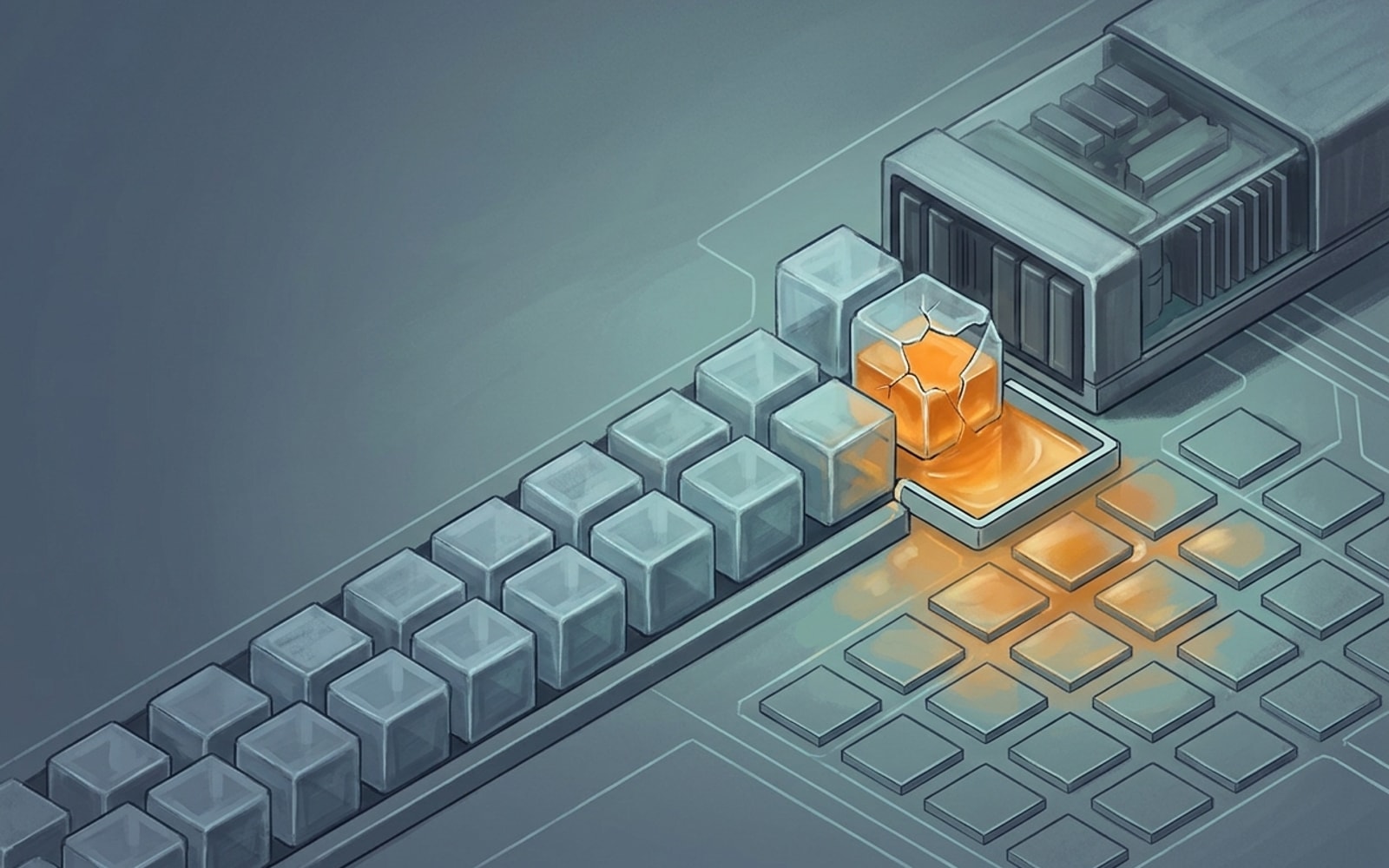 Rows of grey data cubes feed a server; one cracked cube leaks orange fluid past a small tray into memory cells