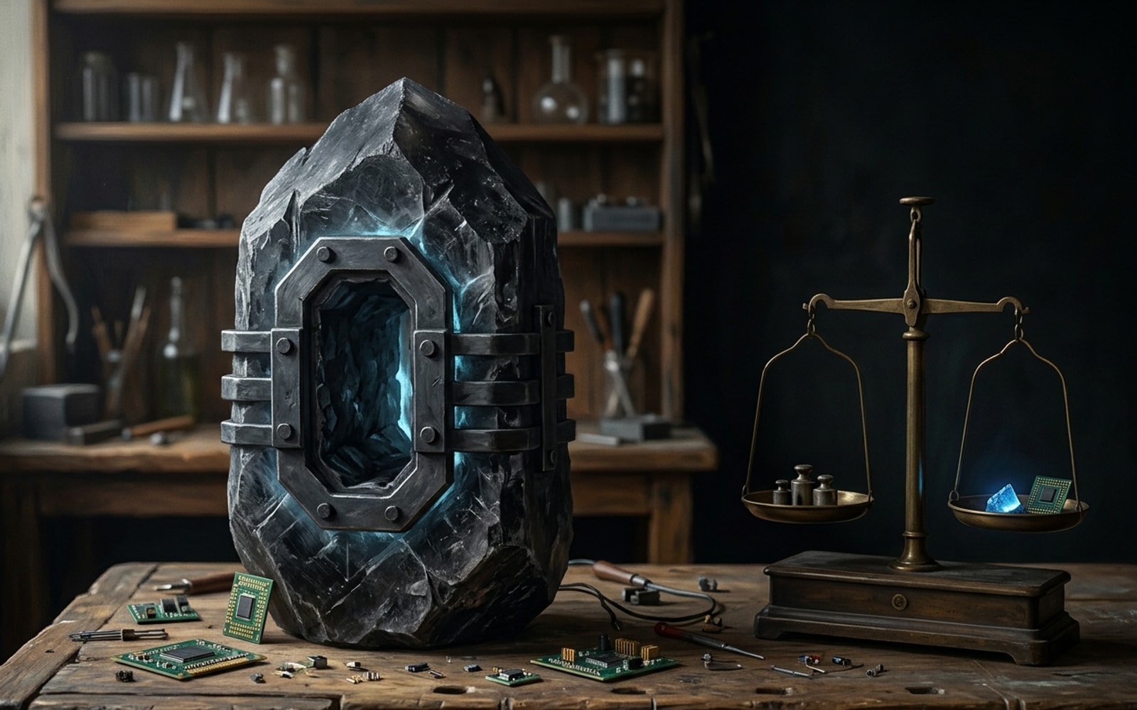A dark crystalline block with a bolted metal-framed sealed core on a workbench beside circuit boards and a balance scale.