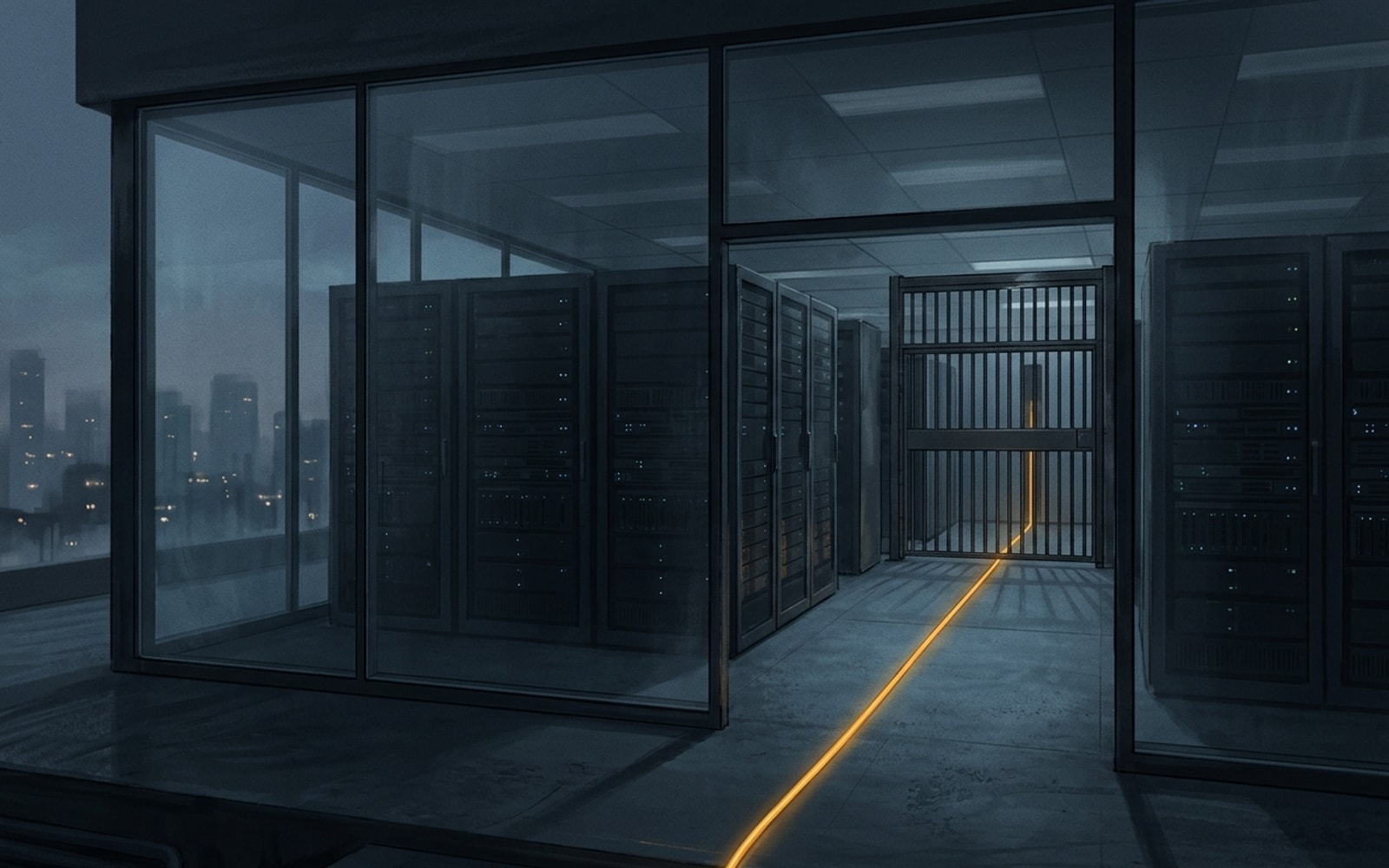 A dark glass-walled server room with one glowing amber cable leading to a closed barred gate, city skyline beyond.